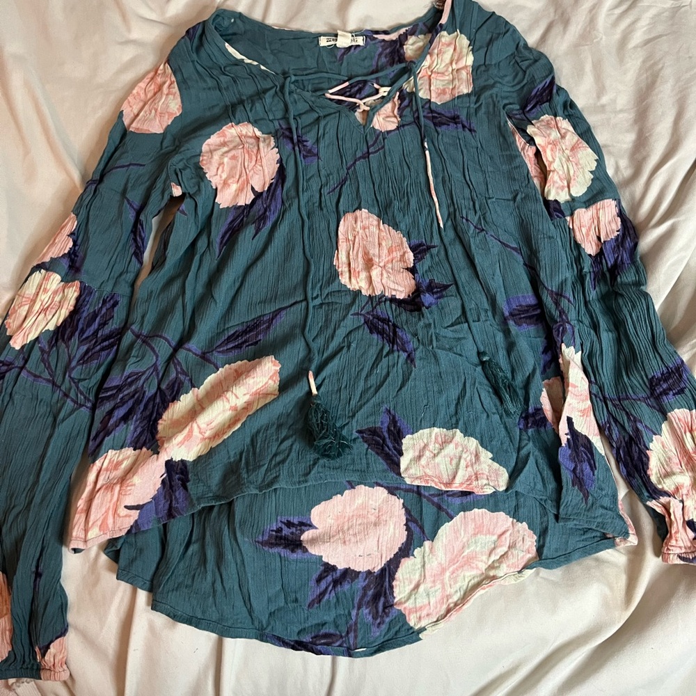 Blue and pink floral blouse with tie at the neck